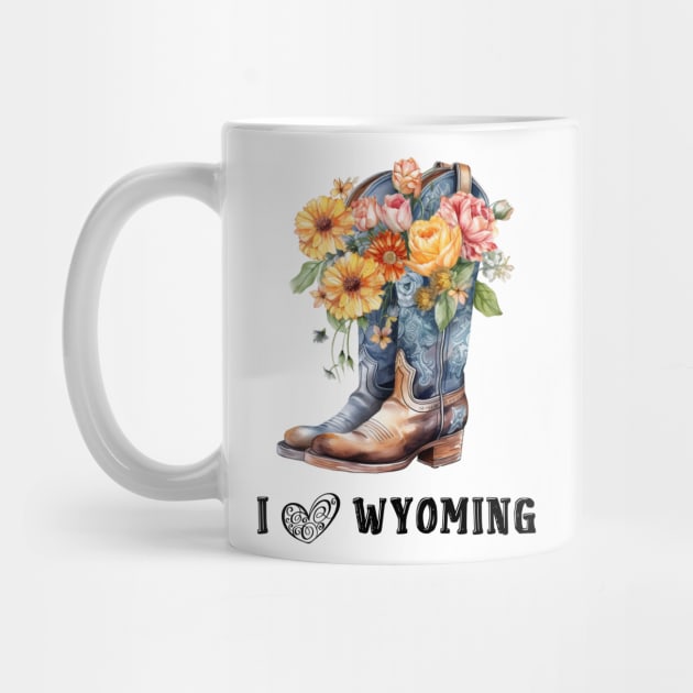 I Love Wyoming Boho Cowboy boots with Flowers by AdrianaHolmesArt